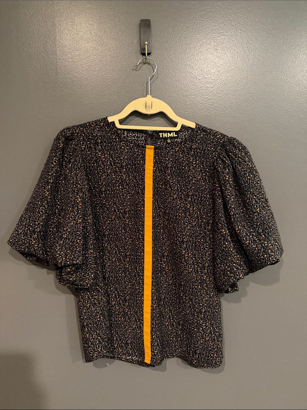 THML Black Leopard-Print Puff Sleeve Top with Yellow Center Stripe